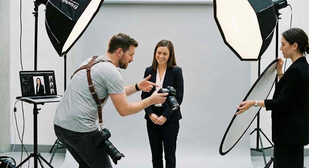 Photo session setup in a modern Philadelphia office environment